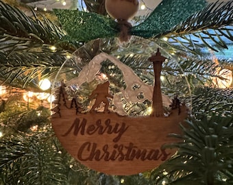Merry Christmas Space needle, big foot. Wood and Acrylic Handmade Ornament