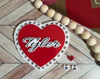 Personalized Name Valentines Cast Acrylic Heart Scalloped for Display, Gift Tag