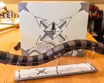 Staff configuration Display Stand AV Curved hilt lightsaber Set, flat desk for shelf. Made from Cast Acrylic sheets that are laser cut.
