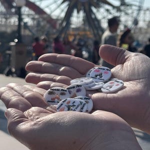 May include: A collection of white round buttons with the text "Thank You" and a variety of designs, including a castle, fireworks, and a Mickey Mouse head.