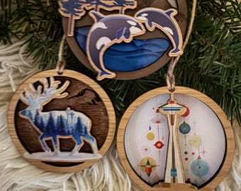 Washington State Ornaments – Mt. Rainier Scene with Orca, Deer & Space Needle – Handmade Holiday Decor