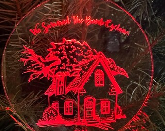 Bomb Cyclone LED Ornament – Laser Cut Cast Acrylic & Baltic Birch, Weather Storm Decor, Unique Holiday Gift, Light-Up Art Piece I Survived