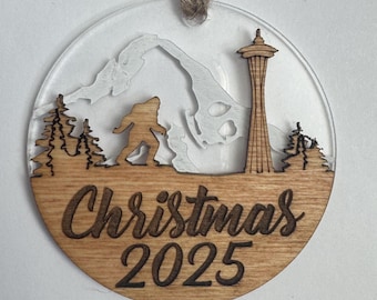 Christmas  2025 Ornament Featuring the Seattle Space Needle, Mt. Rainer and Bigfoot handmade Wood and Acrylic