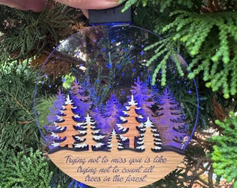 Memorial Ornament  Rechargeable LED  – Cast Acrylic & Baltic Birch, Remembering A loved One At The Holidays, Handmade Gift