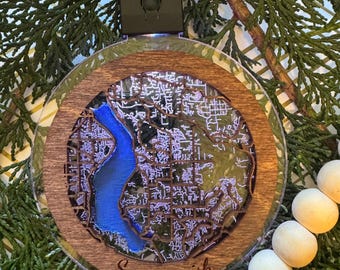 Sammamish Rechargeable LED Ornament – Cast Acrylic & Baltic Birch Cityscape, Sammamish WA Holiday Decor, Handmade Pacific Northwest Gift