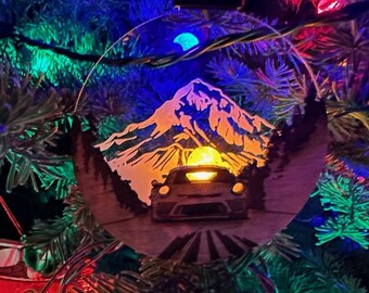 LED rechargeable lighting Christmas 2025 Ornament Featuring Mt. Rainer and a sports car on a country road handmade Wood and Acrylic