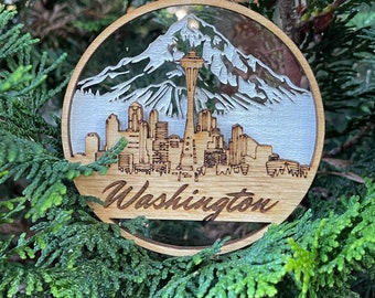 Pacific Northwest Christmas Ornament.  Washington, Seattle Skyline, Mount Ranier & Big foot Christmas, 3.25" X 3".