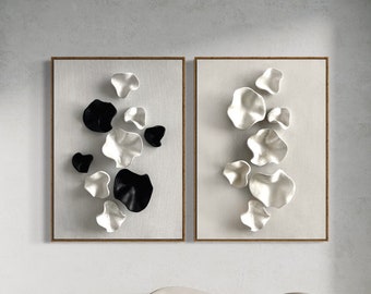 Juego de 2 cuadros en relieve para pared, arte abstracto en lienzo en 3D, pintura de arcilla esculpida, textura orgánica, abstracto minimalista, decoración de pared con perlas blancas y negras