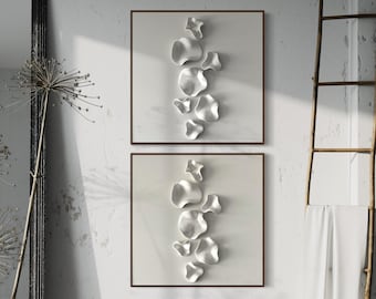 Juego de 2 cuadros abstractos monocromáticos, arte de lienzo en relieve, pintura de arcilla esculpida, abstracto minimalista en 3D, decoración de pared wabi-sabi, blanco suave