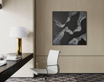 Textured Black 3D Wall Art: Handmade Clay Sculpture on Canvas
