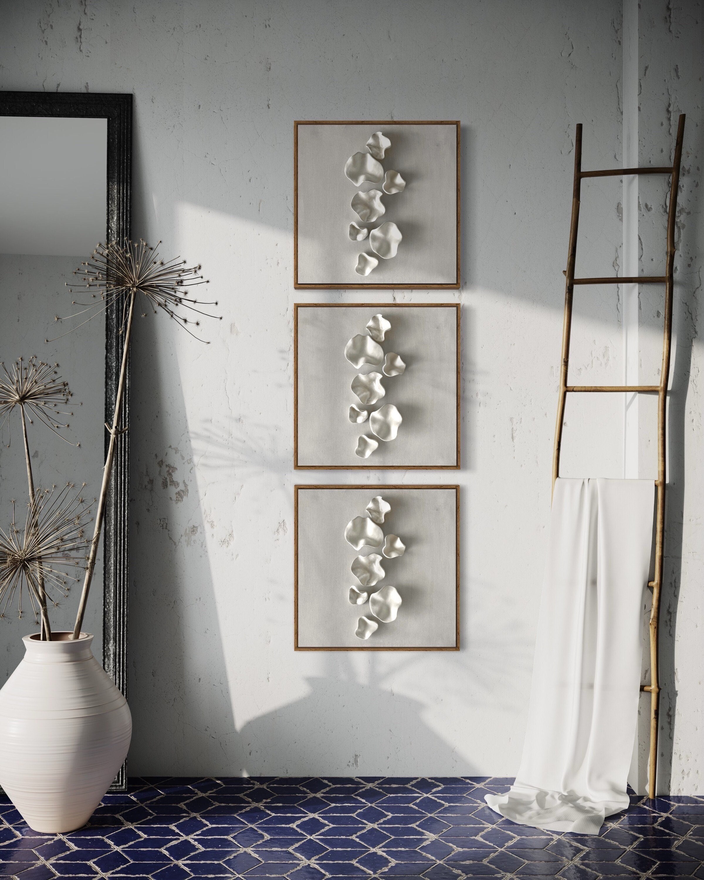 Conjunto de 3 artes de pared abstractas monocromáticas, arte de lienzo en relieve, pintura de arcilla escultórica, arte de pared de textura orgánica, decoración en blanco y negro