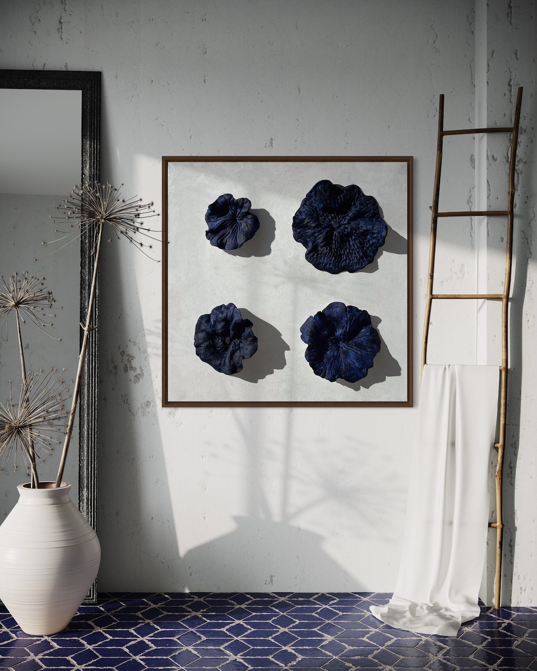 Flowers Wall Art Sculpture, Navy Blue Painting, Organic Texture Wall