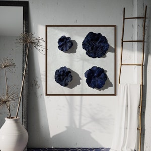 Handmade Navy Blue Floral Clay Painting: 3D Flower Wall Art