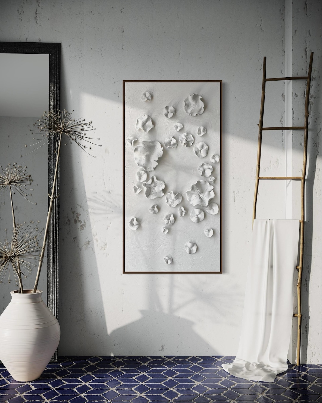 Curated visual reference: Picture Idea: Minimalist Floral Inspired Clay Wall Art White Sculptural Flower Forms