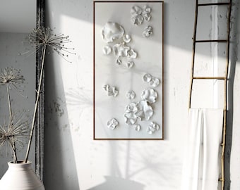 White Clay Floral Wall Sculpture: 3D Abstract Petal Art