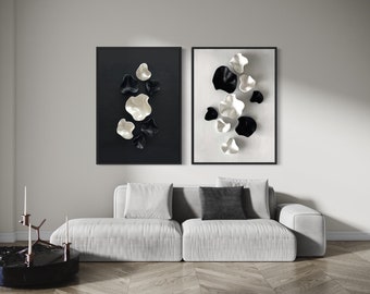 Juego de 2 cuadros en relieve para pared, arte abstracto en lienzo en 3D, pintura de arcilla esculpida, textura orgánica, abstracto minimalista, decoración de pared con perlas blancas y negras