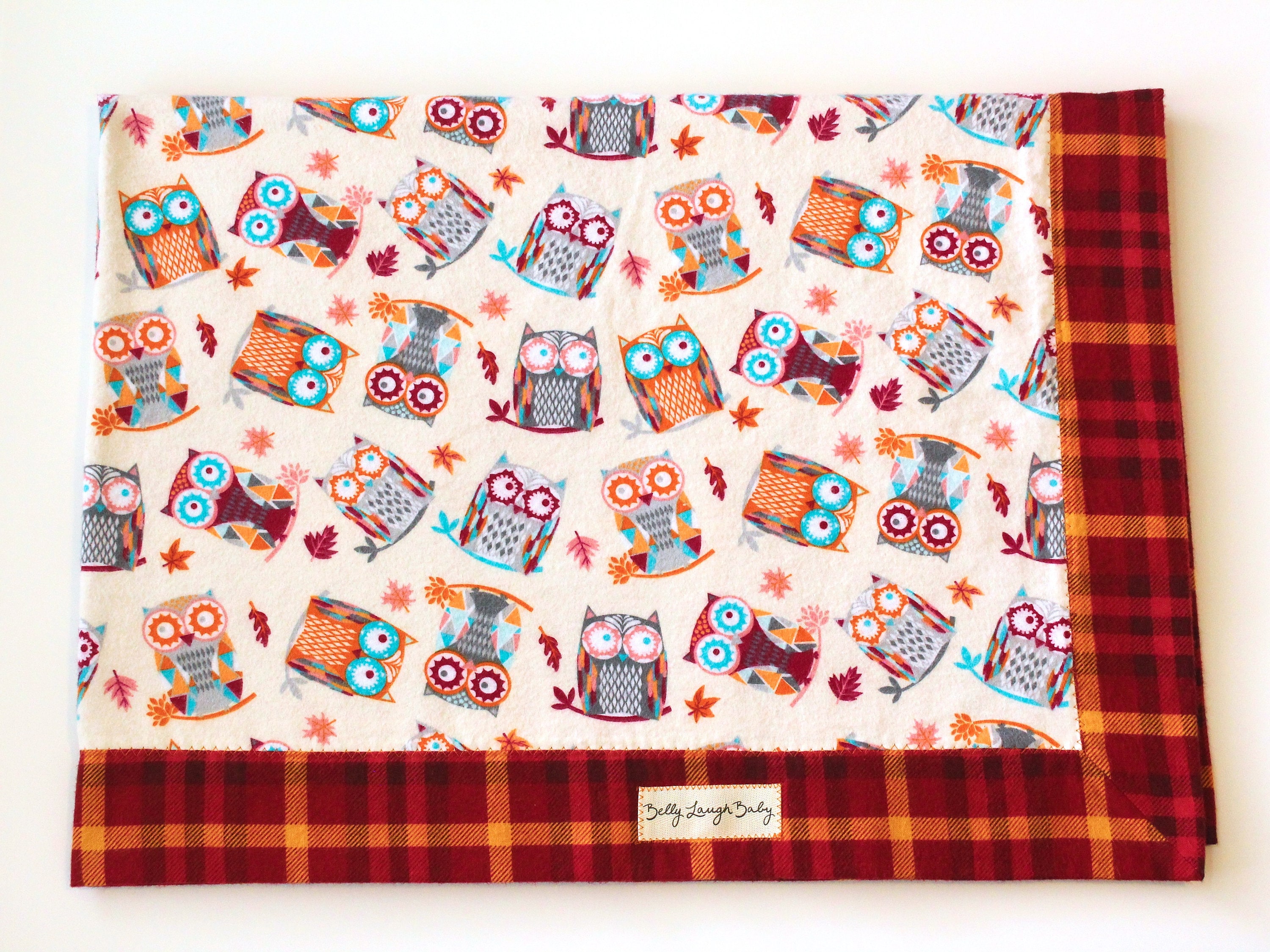 XL Fall Plaid Owl Self Binding Flannel Baby Blanket | Gender Neutral | CPSC Compliant