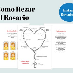 Könnte beinhalten: Ein digitaler Druck mit Anweisungen zum Rosenkranzgebet auf Spanisch. Das Bild enthält Illustrationen des Kreuzzeichens, ein Diagramm der Rosenkranzperlen und den Text des Vaterunser-Gebets.