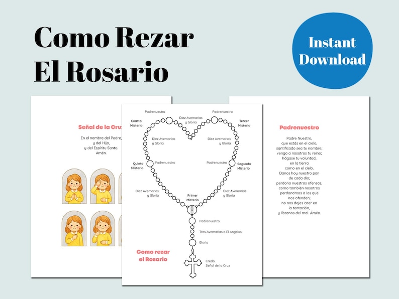 K&ouml;nnte beinhalten: Ein digitaler Druck mit Anweisungen zum Rosenkranzgebet auf Spanisch. Das Bild enth&auml;lt Illustrationen des Kreuzzeichens, ein Diagramm der Rosenkranzperlen und den Text des Vaterunser-Gebets.