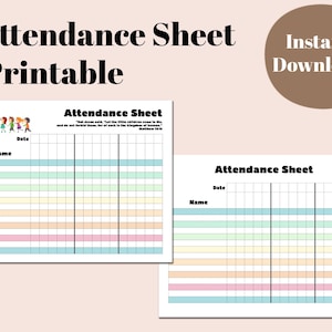 May include: Printable attendance sheet with a colorful design. The sheet has a section for names and dates, and a grid for marking attendance. The sheet includes a bible verse: "But Jesus said, "Let the little children come to Me, and do not forbid them, for of such is the kingdom of heaven." Matthew 19:14.