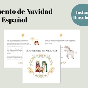May include: A digital download featuring a children's story in Spanish, titled "Cuento de Navidad en Español." The design includes illustrations of the Nativity scene, stars, and the text "Instant Download."