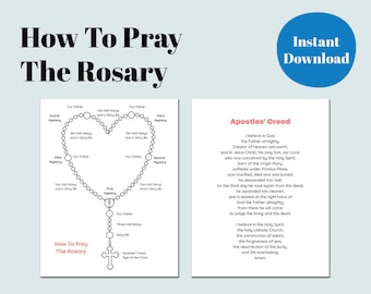 Può includere: Una stampa digitale intitolata "How To Pray The Rosary" con un diagramma di un rosario e il Credo degli Apostoli. L'immagine include il testo "Download istantaneo" in un cerchio blu. Il diagramma è in bianco e nero.