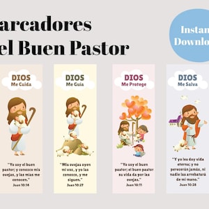 Marcadores Cristianos para Crianças – Jesús el Buen Pastor | Digitales con Versículos Bíblicos para a Escola Dominical – 4 Diseños - PDF