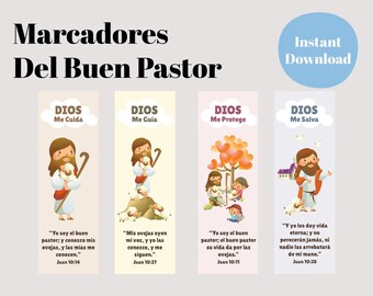 Marcadores Cristianos para Niños – Jesús el Buen Pastor | Digitales con Versículos Bíblicos para la Escuela Dominical - 4 Zeichnungen - PDF