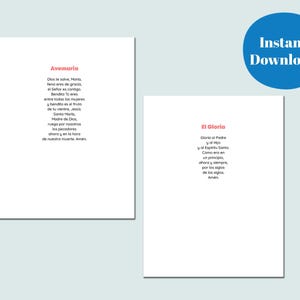 K&ouml;nnte beinhalten: Zwei wei&szlig;e, bedruckbare Bl&auml;tter mit spanischen Gebeten, "Avemaria" und "El Gloria", in schwarzem Text mit roten Akzenten. Ein blauer Kreis mit den Worten "Sofort-Download" befindet sich oben rechts.