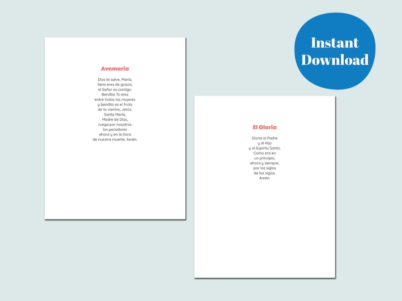K&ouml;nnte beinhalten: Zwei wei&szlig;e, bedruckbare Bl&auml;tter mit spanischen Gebeten, "Avemaria" und "El Gloria", in schwarzem Text mit roten Akzenten. Ein blauer Kreis mit den Worten "Sofort-Download" befindet sich oben rechts.