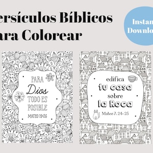 Könnte beinhalten: Schwarz-Weiß-Malvorlagen mit floralen und architektonischen Designs. Eine Seite zeigt den Text "Para Dios Todo Es Posible Mateo 19:26". Die andere Seite hat "edifica tu casa sobre la Roca Mateo 7:24-25". Ein blauer Kreis sagt "Sofort-Download".