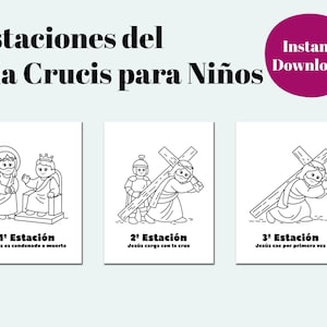 Op de afbeelding: Zwart-wit illustraties van de Staties van de Kruisweg voor kinderen. De tekst "Estaciones del Vía Crucis para Niños" staat bovenaan, met "Instant Download" in een paarse cirkel. Elke illustratie heeft een titel en beschrijving.