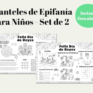 Peut inclure: Deux sets de sets de table d'activités en noir et blanc pour enfants avec le texte "Manteles de Epifanía para Niños - Set de 2" et "Feliz Día de Reyes". L'un comprend un labyrinthe et un morpion, l'autre des coloriages et des jeux de mots.