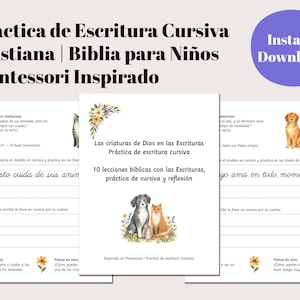 Op de afbeelding: Een set christelijke oefenbladen voor cursief schrift voor kinderen met illustraties van dieren, bloemaccenten en Spaanstalige tekst, waaronder Práctica de Escritura Cursiva Cristiana, Biblia para Niños en Montessori Inspirado.