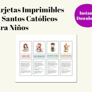 May include: Printable cards for children featuring Catholic saints. The cards have illustrations of saints with their names below. The text "Instant Download" is in a purple circle. The cards are on a light beige background.