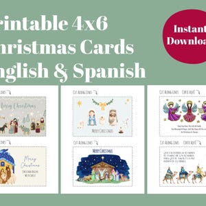 Peut inclure: Six cartes de Noël imprimables de 10,16 cm x 15,24 cm illustrant la scène de la Nativité, des anges et une scène de Noël traditionnelle. Les cartes sont en anglais et en espagnol.