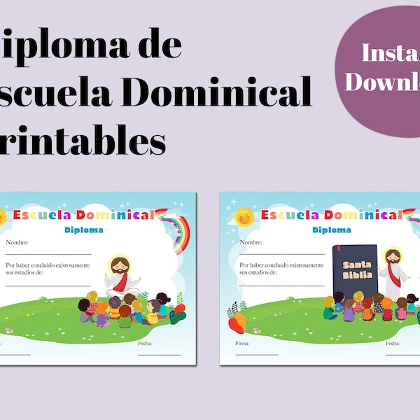 Diploma de Escuela Dominical (2 versions included) - Printable - 11 X 8.5 PDF File