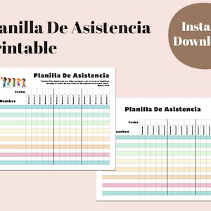 Op de afbeelding: Afdrukbare aanwezigheidslijst in het Spaans met een kleurrijk ontwerp. De lijst heeft kolommen voor namen en datums, met selectievakjes om de aanwezigheid aan te geven. De lijst bevat een cartoonafbeelding van kinderen en een persoon met een halo.