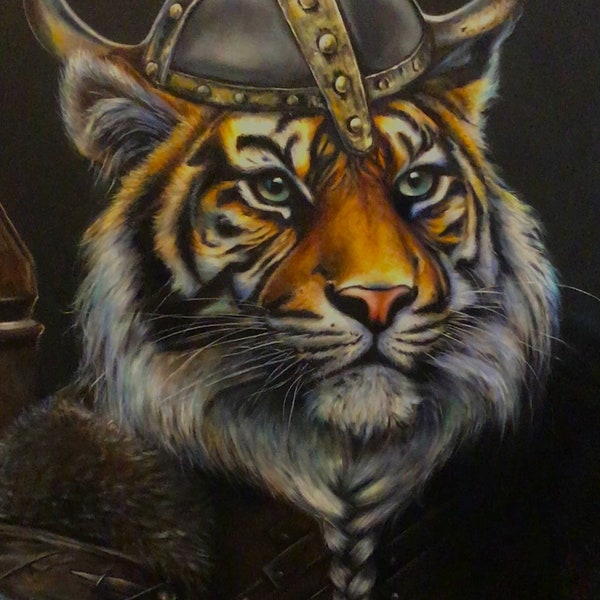 Peinture à l'huile grand format tigre viking cadeau original décoration artistique tableau animal sauvage guerrier