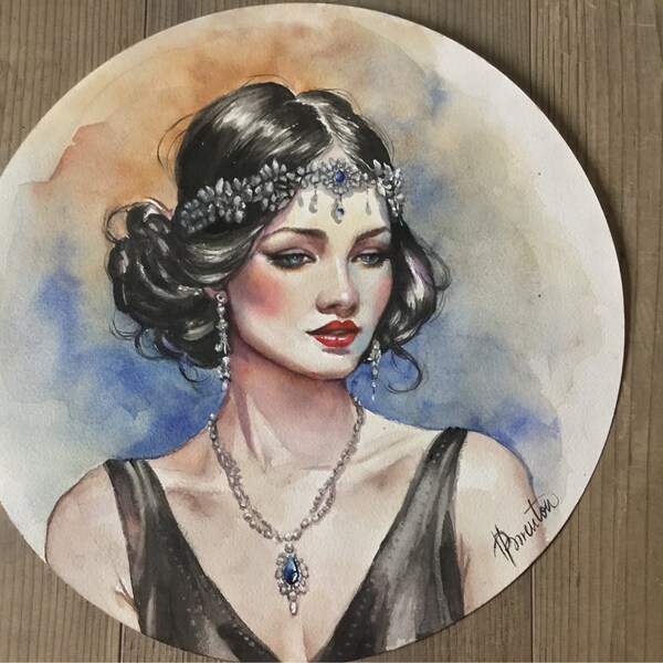 Aquarelle femme au chapeau cloche dans les années folles, années 20, années 30, peinture vintage, tableau retro