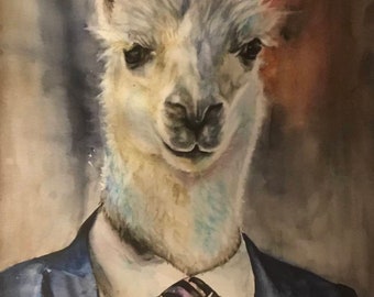 Watercolor Lama painting lama wall decoration animal llama dressed animal in costume painting anthropomorphism painting animal personified