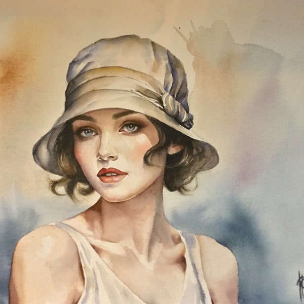 Aquarelle femme au chapeau cloche dans les années folles, années 20, années 30, peinture vintage, tableau retro