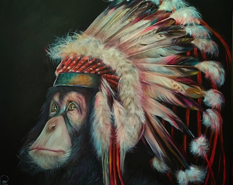 Large format oil painting chimpanzee with Indian headdress feathers original Christmas gift artistic decoration Indian ethnic painting