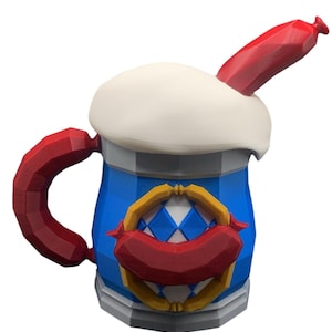 May include: A low-poly 3D printed beer mug featuring a blue and white diamond pattern, a white foam top, and a red sausage handle. A red sausage is also attached to the front emblem, and another red sausage protrudes from the top of the foam.