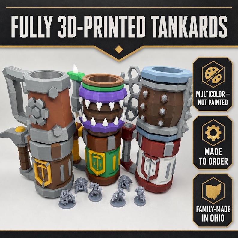 May include: Three 3D-printed tankards with geometric designs in brown, green, red, white, and purple, featuring a pickaxe emblem. Text reads FULLY 3D-PRINTED TANKARDS, MULTICOLOR - NOT PAINTED, MADE TO ORDER, and FAMILY-MADE IN OHIO, with small figurines.