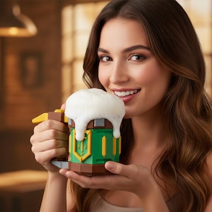 May include: A green, brown, and yellow beer stein filled with beer and foam. The stein has a handle and a decorative design. The person is holding the stein.