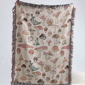 Mushroom Woven Throw Blanket, 100% Cotton, Fungi Decor