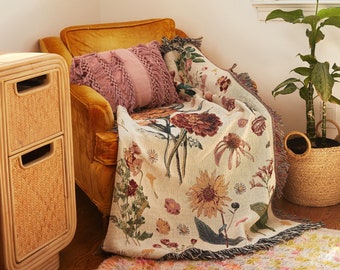 Vintage Floral Woven Throw Blanket, Hand-Drawn Decor