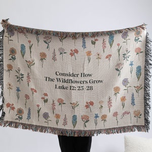 Consider How The Wildflowers Grow Woven Throw Blanket, Bible Verse Tapestry, Christian Tapestry, Scripture, Christian Blanket, Gifts For Her