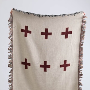 Positive Swiss Design Woven Tapestry Blanket, Large Tapestry Throw Blanket, Minimal Tapestry, Woven 100% Cotton Throw, Plus, Red, Beige